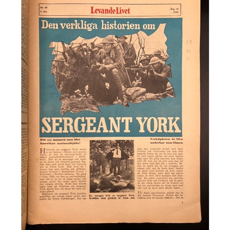 RARE Swedish 1942 Gary Cooper Magazine Levande Livet Sergeant York, Pride of the Yankees, High Noon, The Texan, Alice in Wonderland