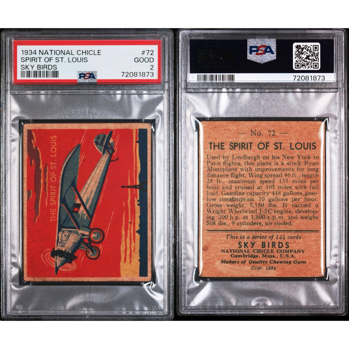 1934 National Chicle Spirit of St. Louis Charles Lindbergh PSA 2 Sky Birds Plane Aviation Lindbergh Card Lindy