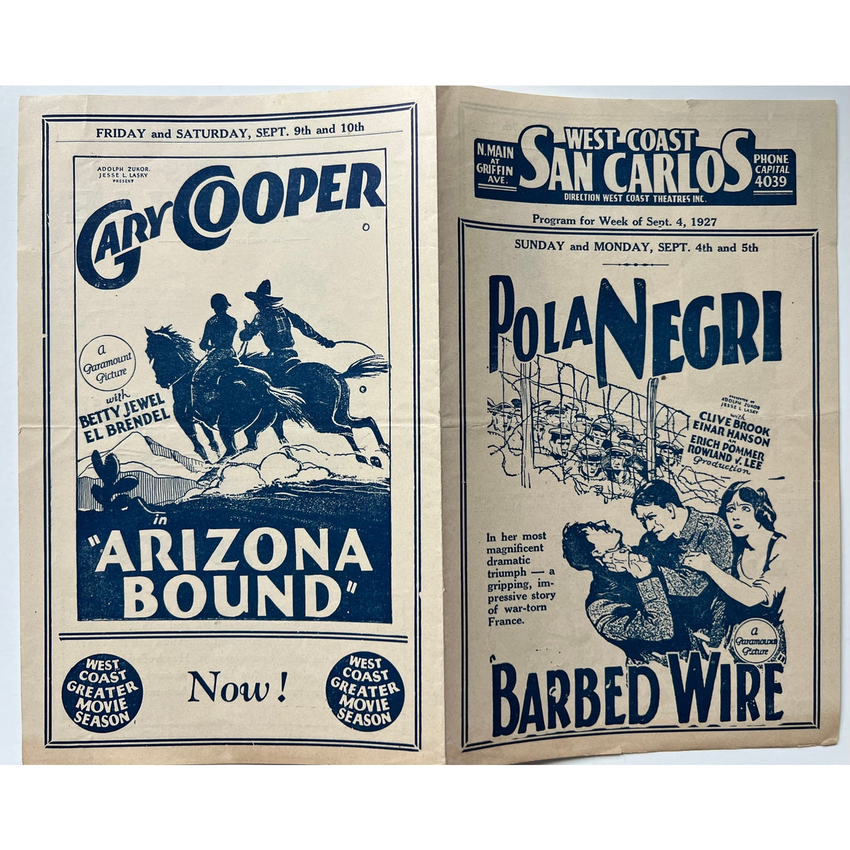 RARE 1927 Gary Cooper, Richard Dix, Pola Negri, Adolphe Menjou Movie Program, Hollywood, Silent Movies