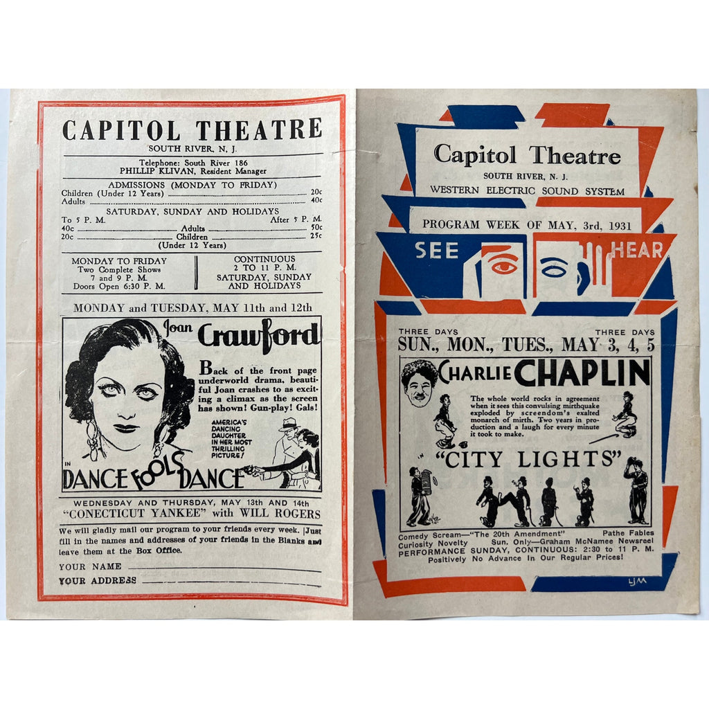 RARE 1931 Charlie Chaplin City Lights Movie Program Charles Chaplin, Joan Crawford, The Kid, Gold Rush, Modern Times