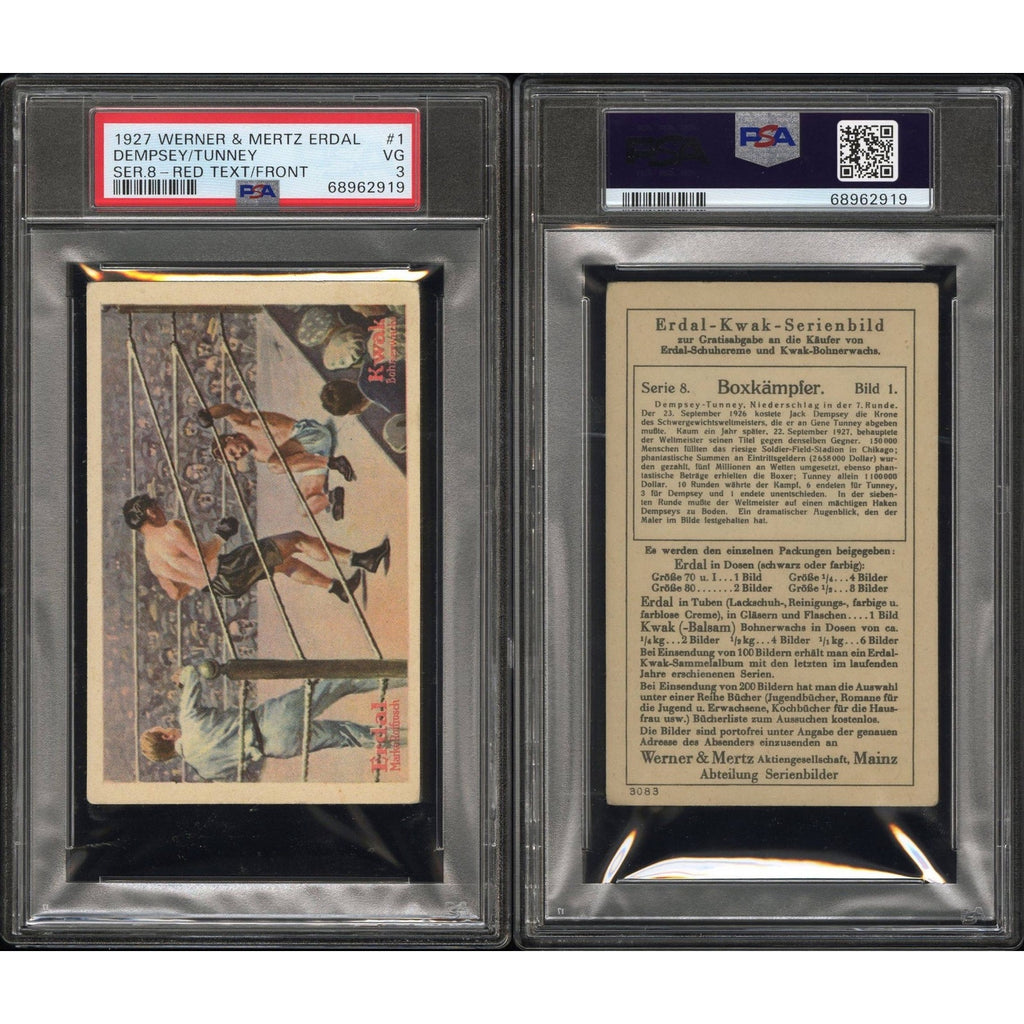 1927 German Werner & Mertz Erdal Jack Dempsey and Gene Tunney PSA 3 Boxing Series 8 Red Text Front Manassa Mauler Fighting Marine