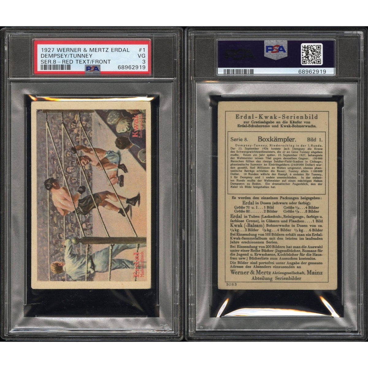 1927 German Werner & Mertz Erdal Jack Dempsey and Gene Tunney PSA 3 Boxing Series 8 Red Text Front Manassa Mauler Fighting Marine