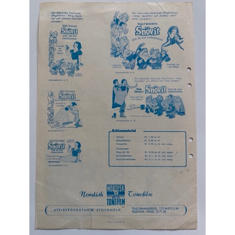 RARE 1963 Swedish Promotional Walt Disney Snow White and the Seven Dwarfs, Merchandise Order Form