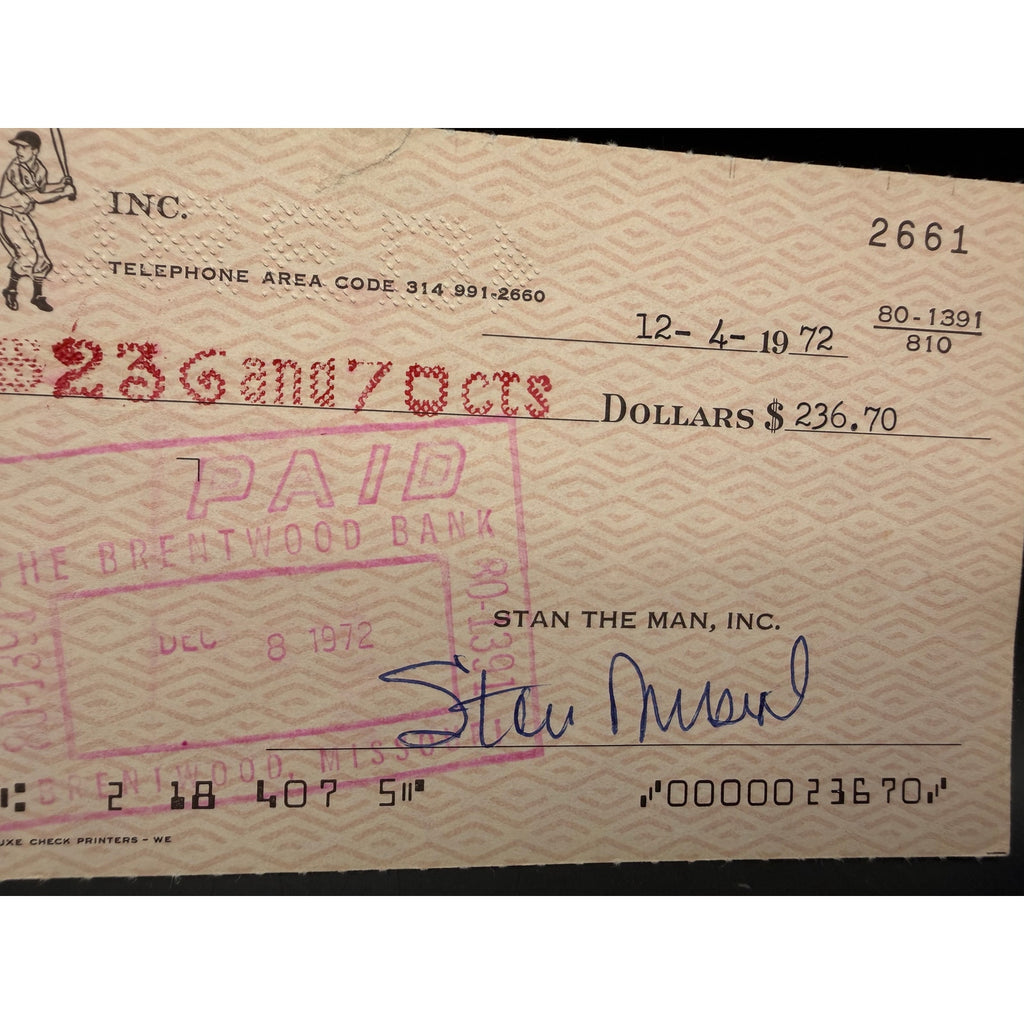 1972 Stan Musial Autographed Stan the Man Business Check St. Louis Cardinals MLB, HOF, Baseball, World Series Champion