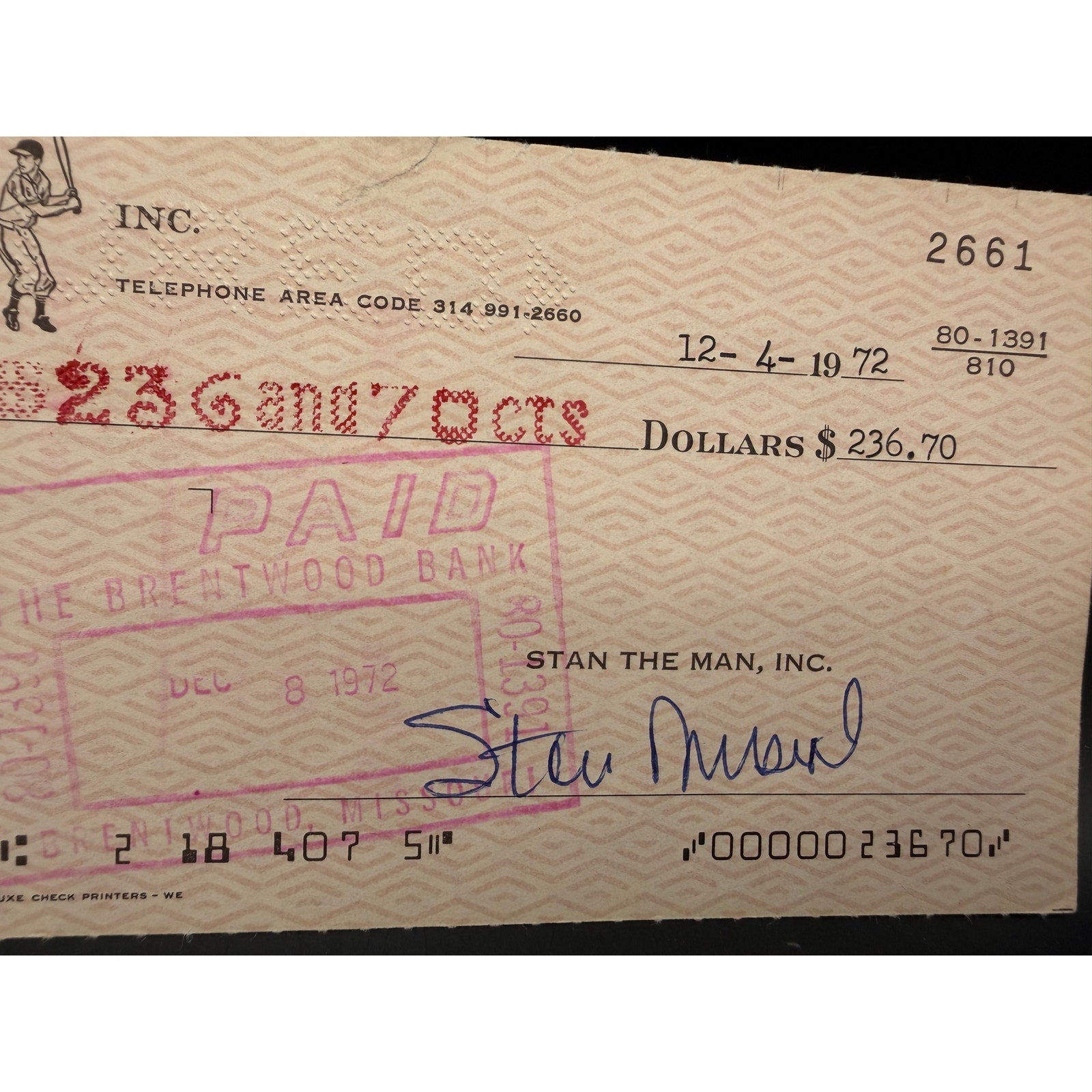 1972 Stan Musial Autographed Stan the Man Business Check St. Louis Cardinals MLB, HOF, Baseball, World Series Champion