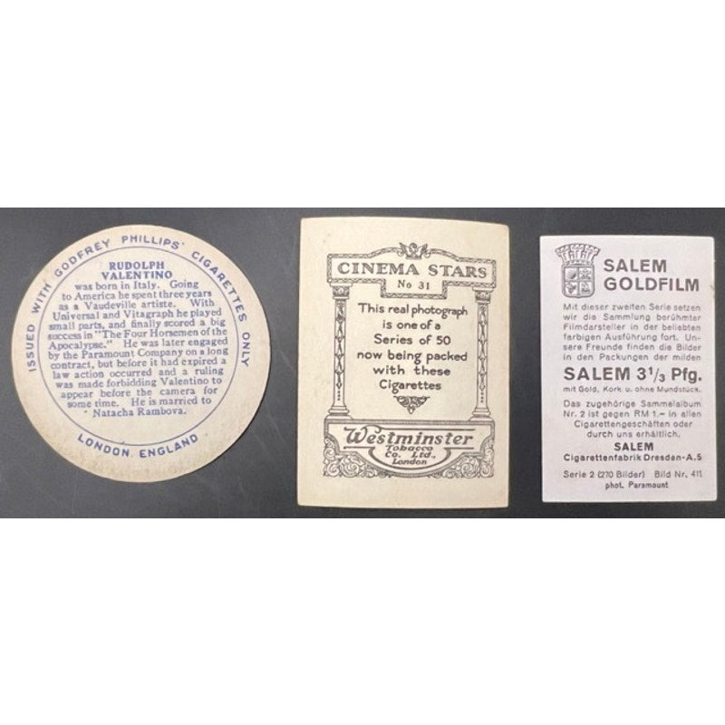 3 Rare 1920's UK Rudolph Valentino Tobacco Cards Cigarette Cards Strip Cards Cobra, Blood and Sand, The Sheik, The Eagle Rudy
