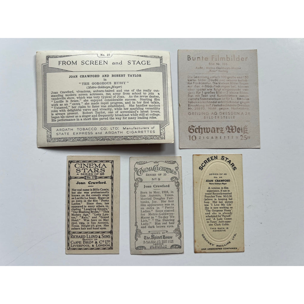 5 RARE 1930s Joan Crawford Tobacco Cards Ardath, Godfrey, Hollywood, Grand Hotel, Sadie McKee, Baby Jane, Mildred Pierce