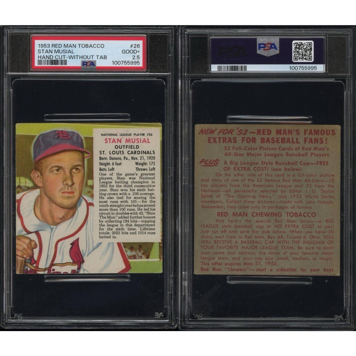1953 Red Man Stan Musial PSA 2.5 St. Louis Cardinals No Tab MLB Hall of Fame Stan the Man Baseball GOAT Cards Baseball Card All Star Champ