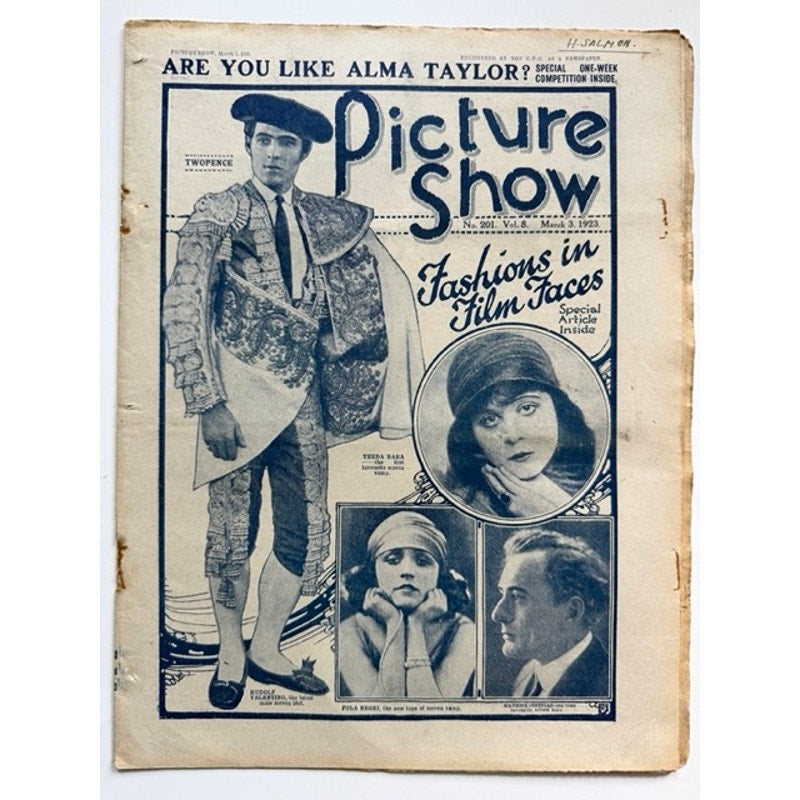 Rare 1923 UK Picture Show Rudolph Valentino Magazine Theda Bara, Hollywood, Pola Negri, Cleopatra, Salome, Sheik, Blood and Sand, Cobra