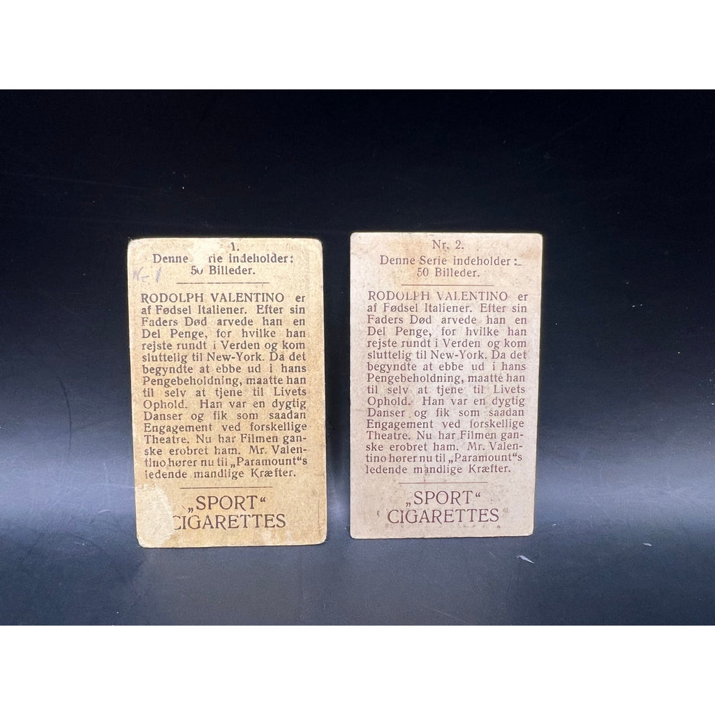 2 Rare Danish 1920's Rudolph Valentino Tobacco Cards Sport Cigarettes Hollywood, Sheik, Son of the Sheik, Blood and Sand, Eagle, Cobra