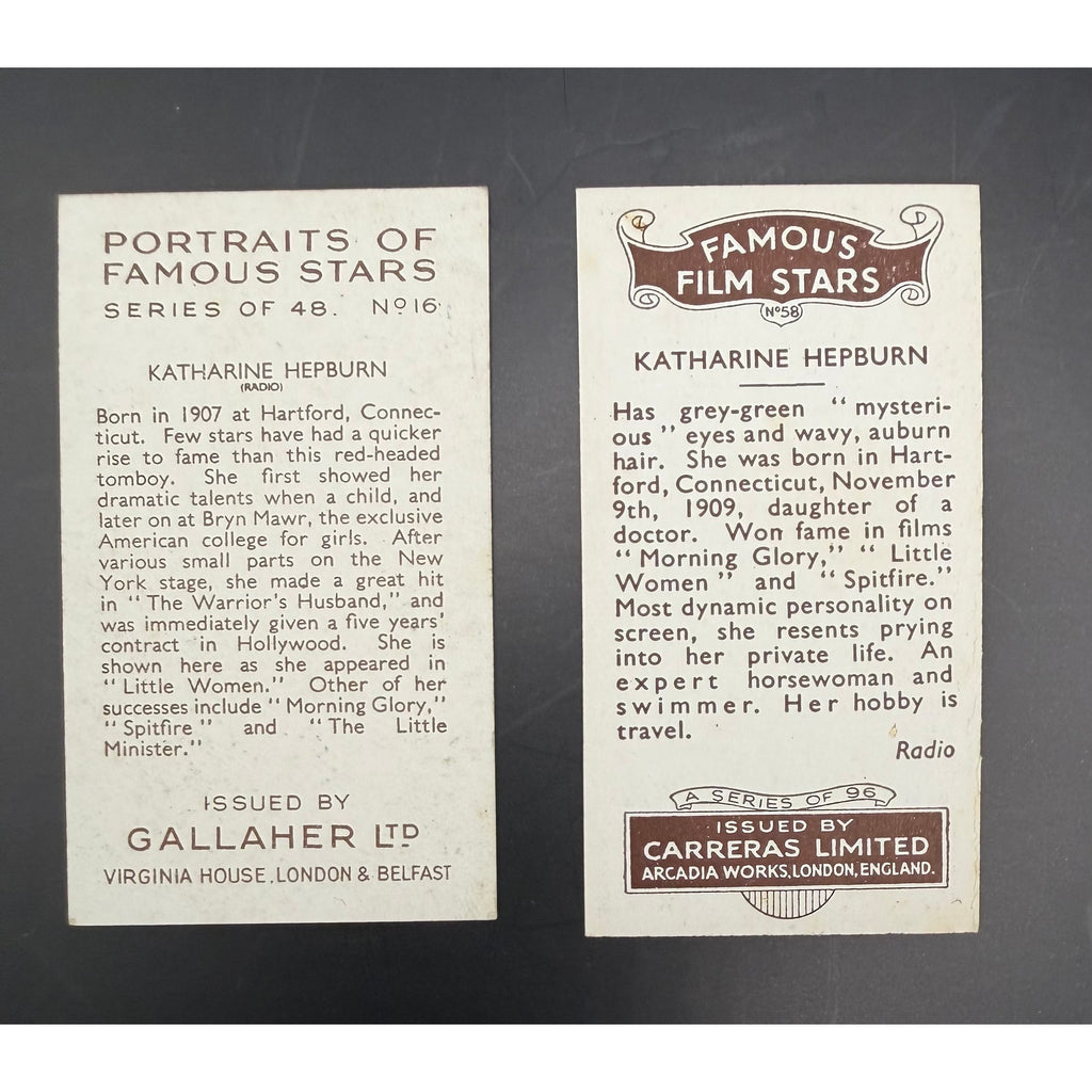 1930s Katherine Hepburn Tobacco Cards Carreras, Gallaher, Little Women, On Golden Pond, Adams Rib, African Queen, Bringing Up Baby