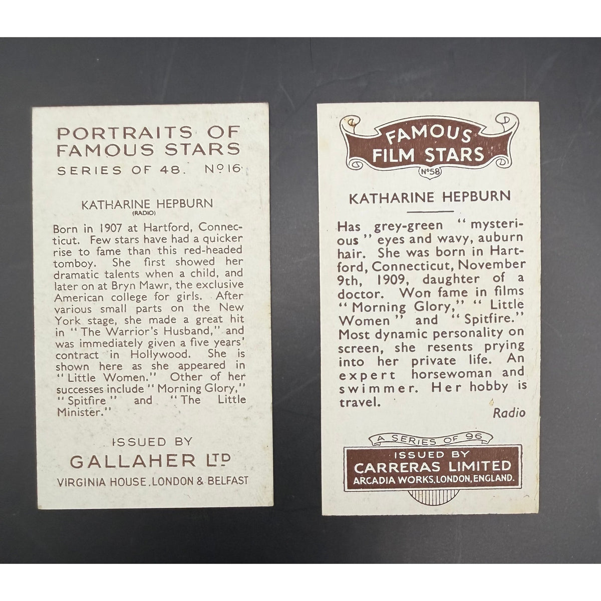 1930s Katherine Hepburn Tobacco Cards Carreras, Gallaher, Little Women, On Golden Pond, Adams Rib, African Queen, Bringing Up Baby