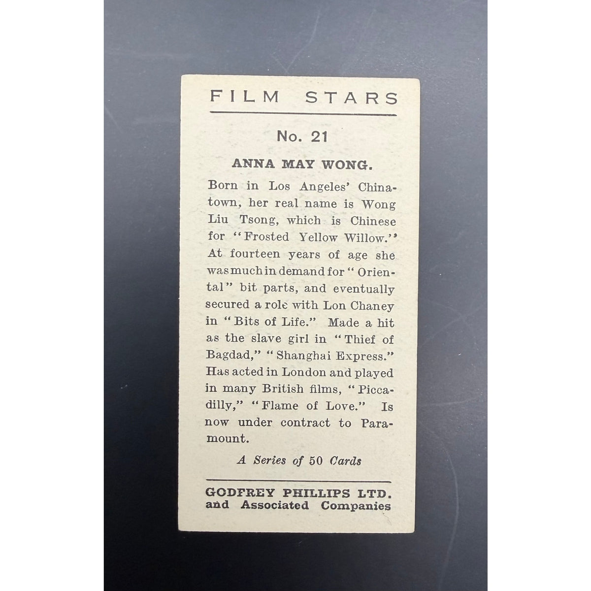 Vibrant 1930s Godfrey Phillips LTD. Anna May Wong Card, Thief of Bagdad, Daughter of the Dragon, Piccadilly, Toll of the Sea, Hollywood
