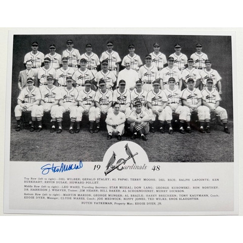 Original 1948 Stan Musial Autograph St. Louis Cardinals Team Photo Musial Rookie, Authenticated by Stan the Man Inc. Schoednienst, Marion