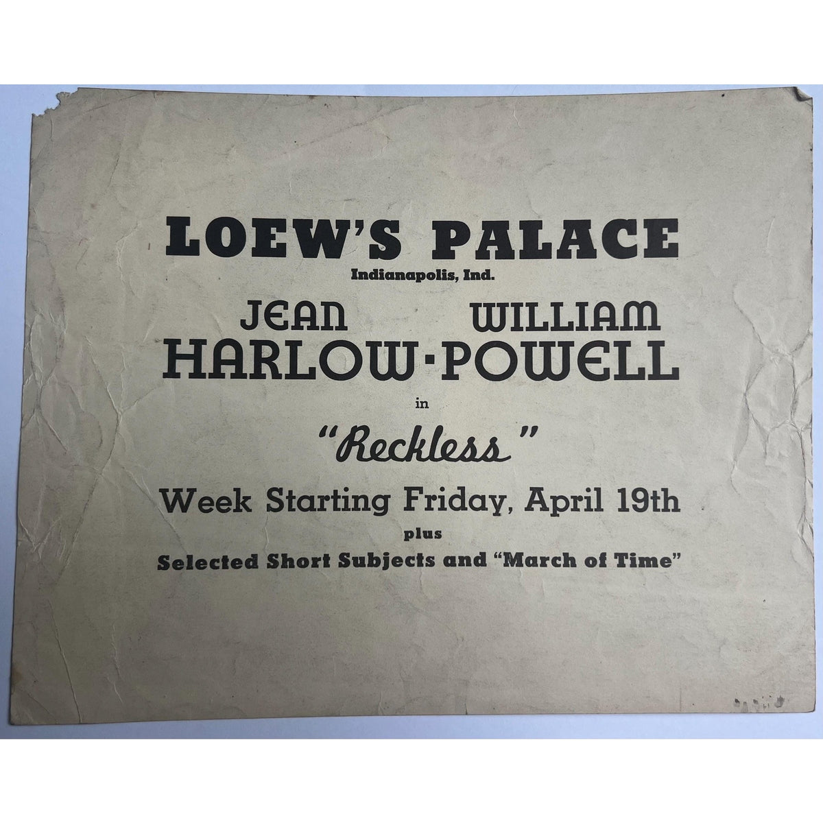 RARE 1935 Reckless Lobby Movie Promotional Photo Jean Harlow William Powell Hollywood Loews Theater Platinum Blonde Dick Powell Broadway