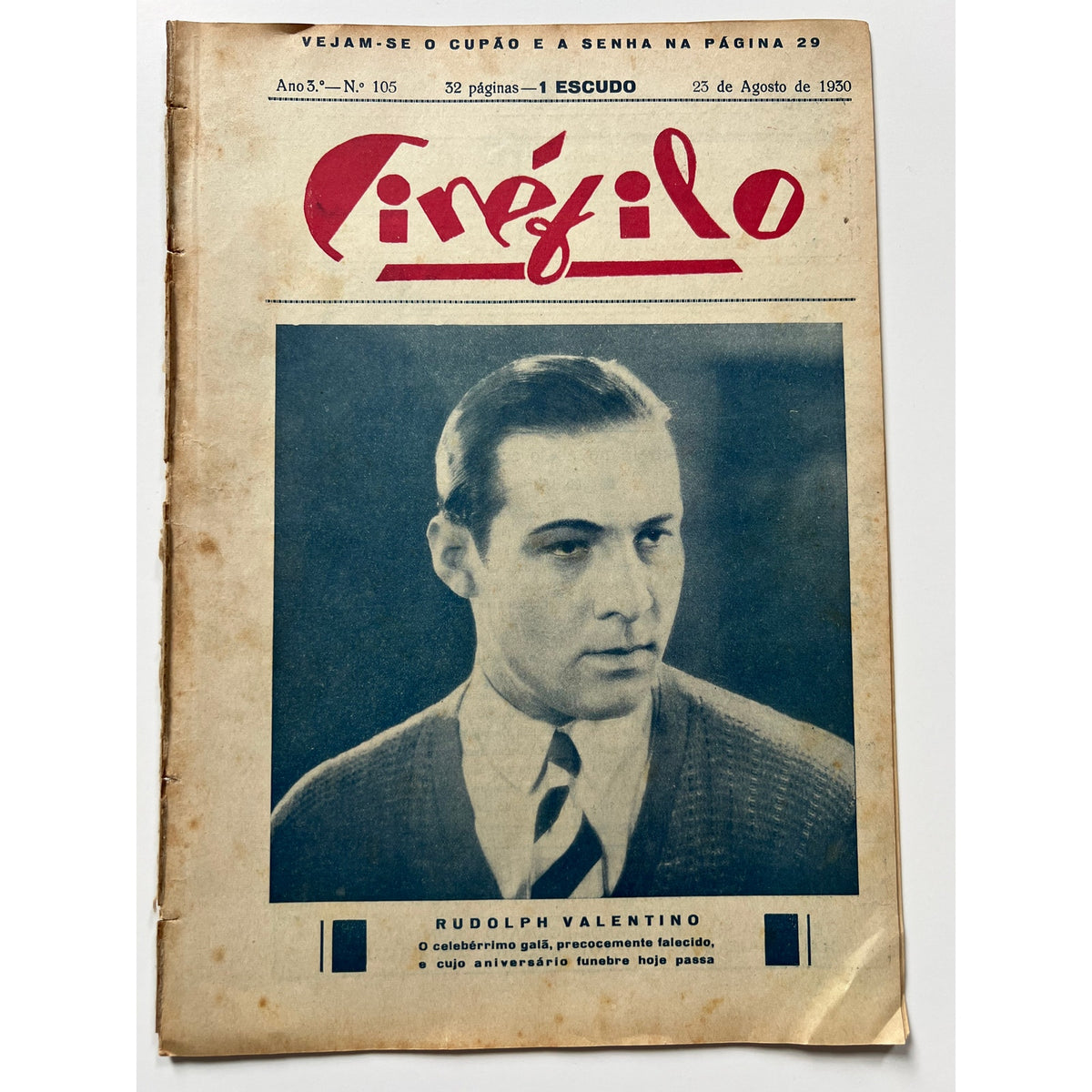 Rare 1930 Portuguese Rudolph Valentino Magazine Cinefilo Hollywood, Cobra, Sheik, Four Horsemen of the Apocalypse, Blood and Sand