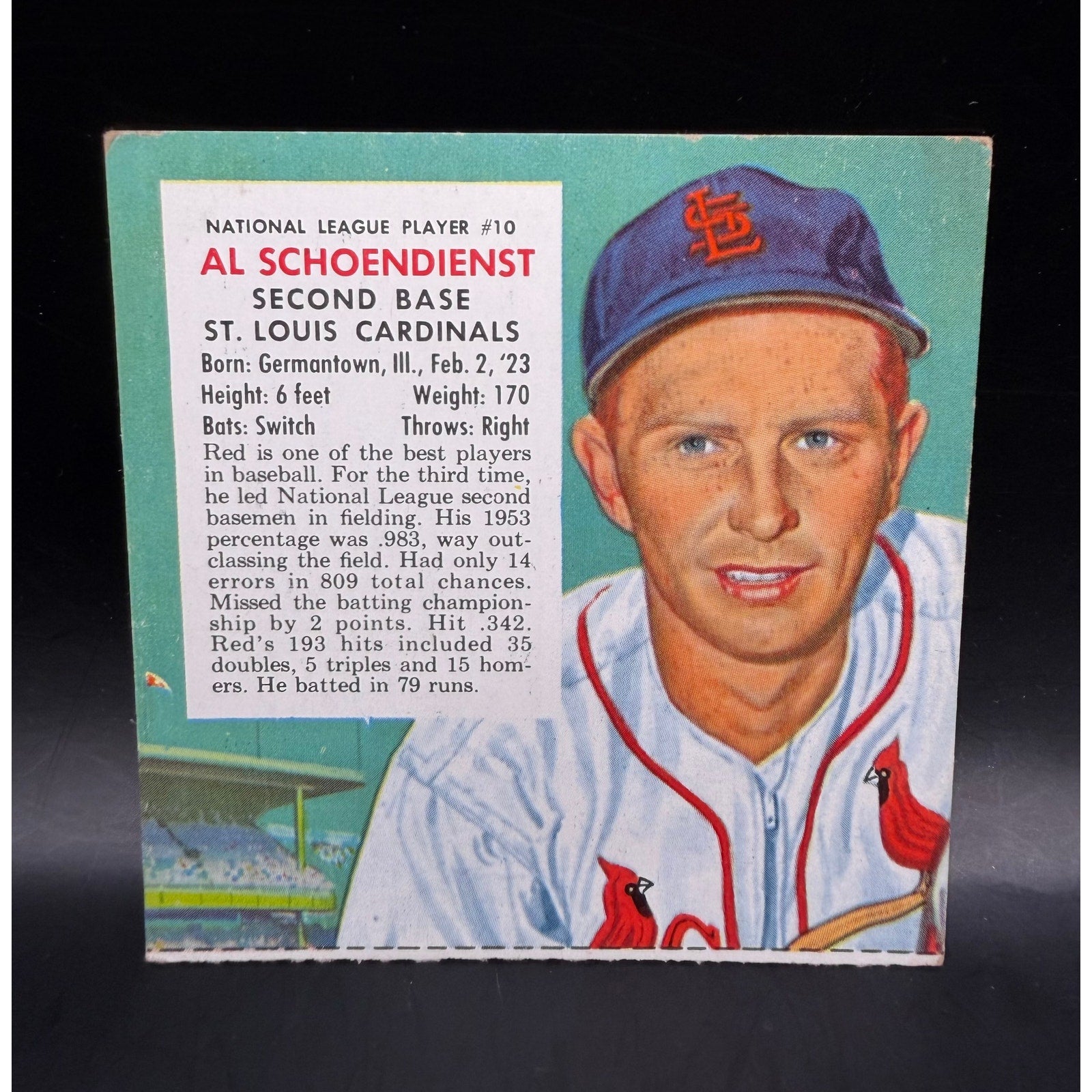 1954 Red Man Al Red Schoendienst St. Louis Cardinals Baseball Card MLB No Tab, Manager, Player, Hall of Fame