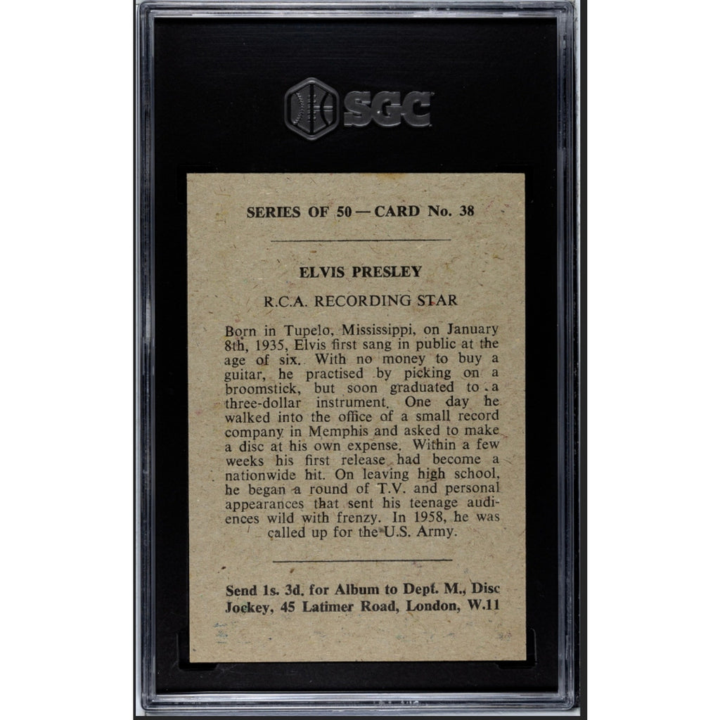 RARE London 1958 Madison Confectionary Elvis Presley Card SGC 7 Highest Grade, The King, Graceland, Jailhouse Rock, TCB, Rockabilly