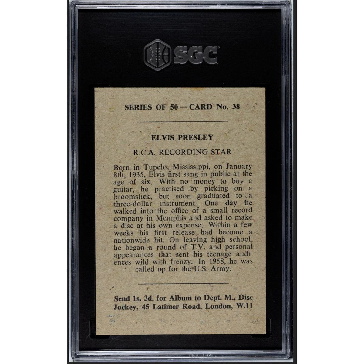 RARE London 1958 Madison Confectionary Elvis Presley Card SGC 7 Highest Grade, The King, Graceland, Jailhouse Rock, TCB, Rockabilly