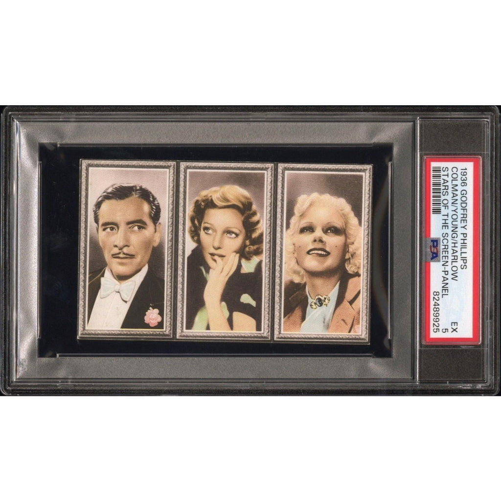 RARE 1936 Godfrey Phillips Stars of the Screen Uncut Panel Ronald Coleman, Loretta Young and Jean Harlow PSA 5 Hollywood Tobacco Card
