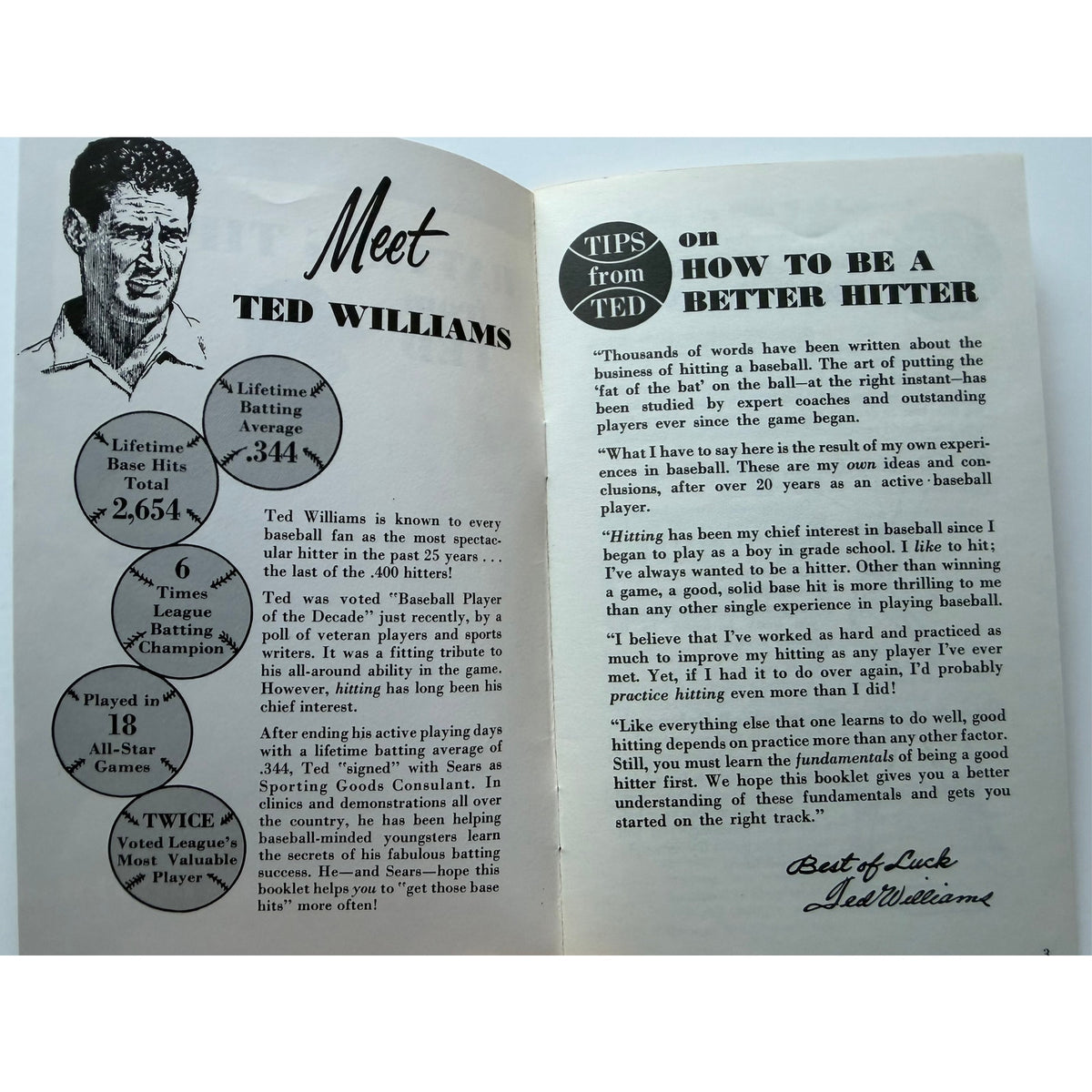 Scarce 1960's Ted Williams Sears Booklet Boston Red Sox Baseball Teddy Ballgame, Splendid Splinter, The Kid, BoSox, Hall of Fame