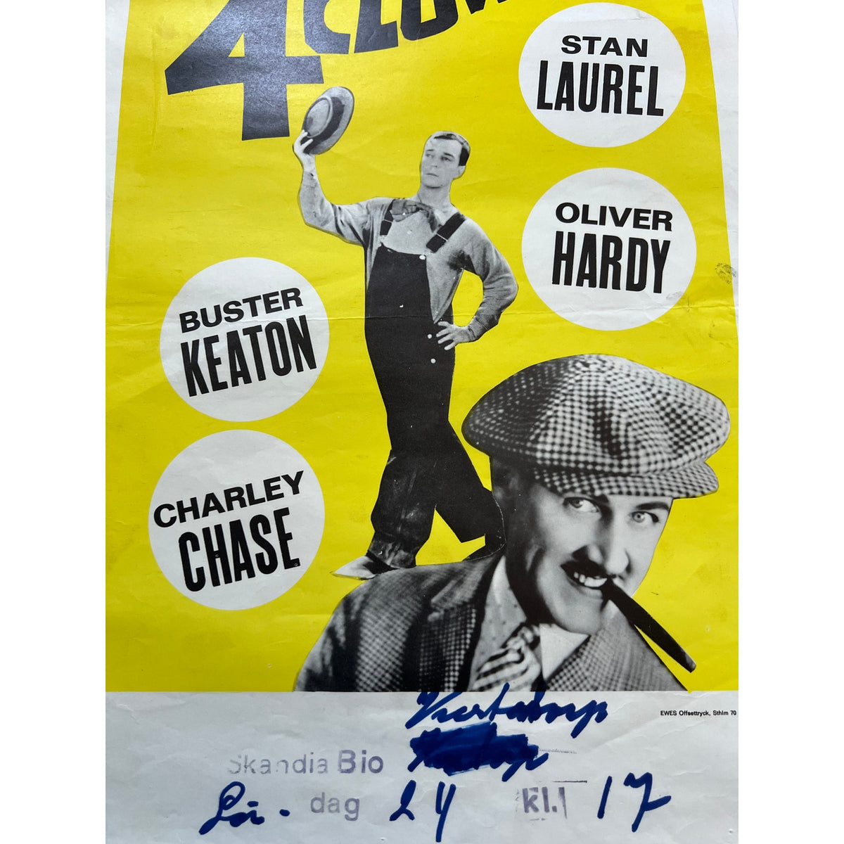 RARE 1970 Swedish 4 Clowner Laurel and Hardy Buster Keaton Charley Chase Poster, Bonnie Scotland, Beau Hunks, The General, Hollywood