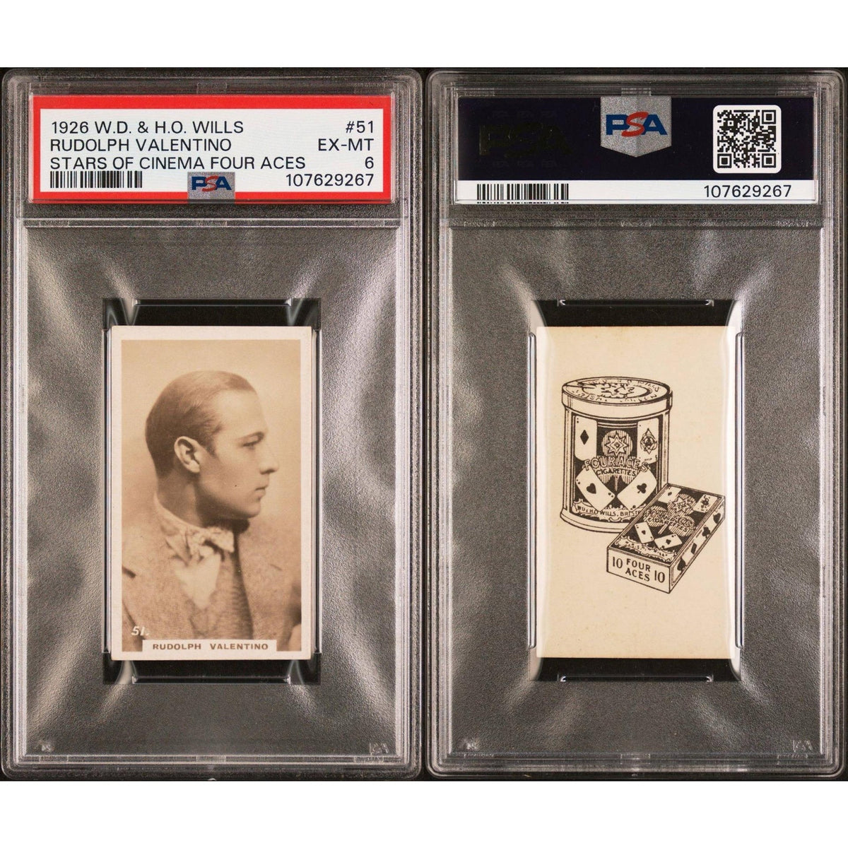 Original 1926 W.D. & H.O. Rudolph Valentino PSA 6 Four Aces Stars of Cinema Tobacco Card, Silent Movie, Latin Lover, Sheik, Hollywood, Cobra