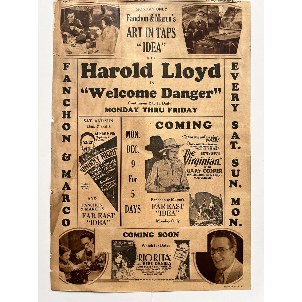 Large RARE 1929 Harold Lloyd Welcome Danger Newspaper Supplement, Safety Last, Freshman, Speedy, Girl Shy, Why Worry, Silent Movie