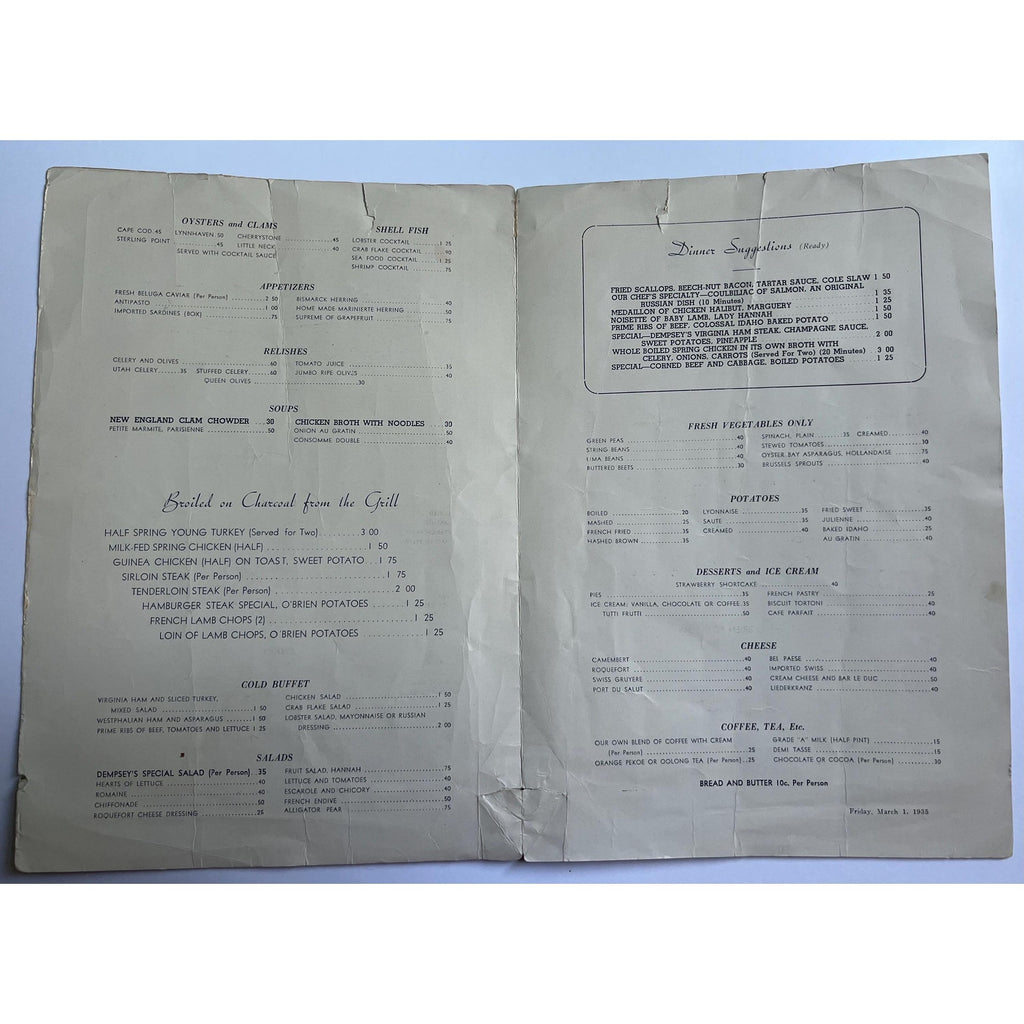 VERY RARE 1935 Jack Dempsey Autographed Dempsey Restaurant Menu 1st Year Opened Dempsey Signed Boxing Heavyweight Champ Champ Manassa Mauler