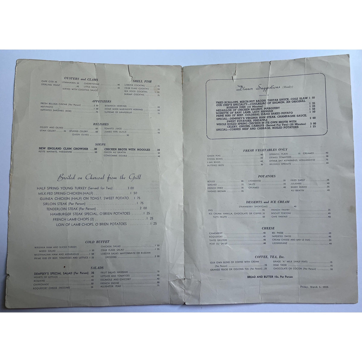 VERY RARE 1935 Jack Dempsey Autographed Dempsey Restaurant Menu 1st Year Opened Dempsey Signed Boxing Heavyweight Champ Champ Manassa Mauler