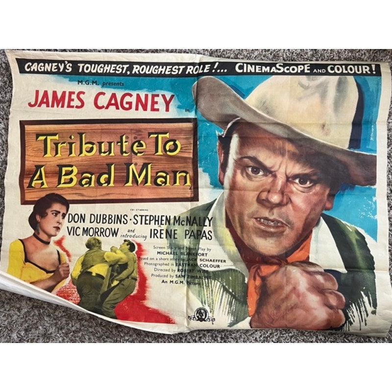Original 1956 UK British Quad from Tribute to a Bad Man Starring James Cagney Western Vintage Movie Poster Jimmy Cagney Hollywood Cowboy