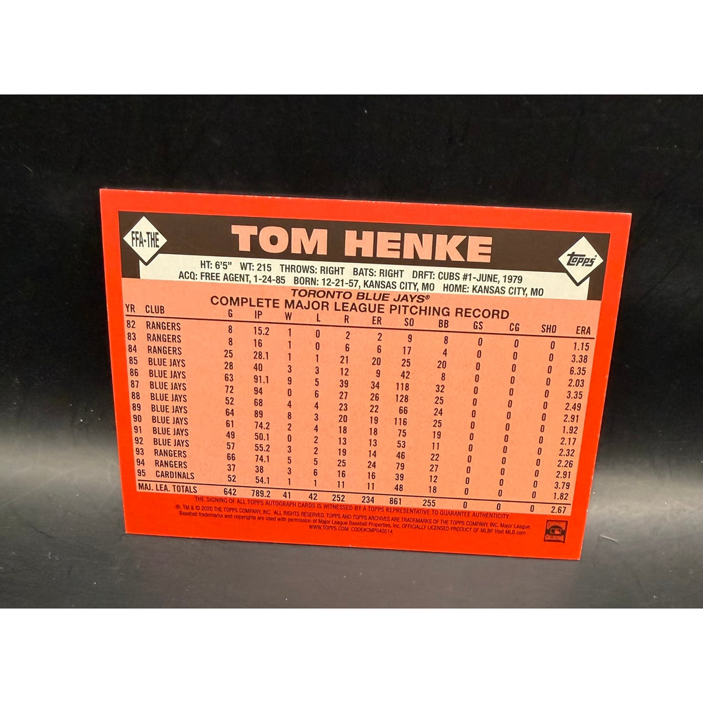 2020 Topps Autograph Issue Tom Henke Baseball Card Toronto Blue Jays, Signed