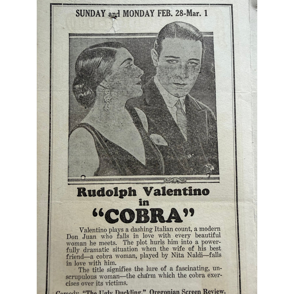 1925 Movie Program Rudolph Valentino Cobra, Circle Theater, Lon Chaney, Swanson, Sheik, Blood and Sand, Eagle Sainted Devil Beyond the Rocks