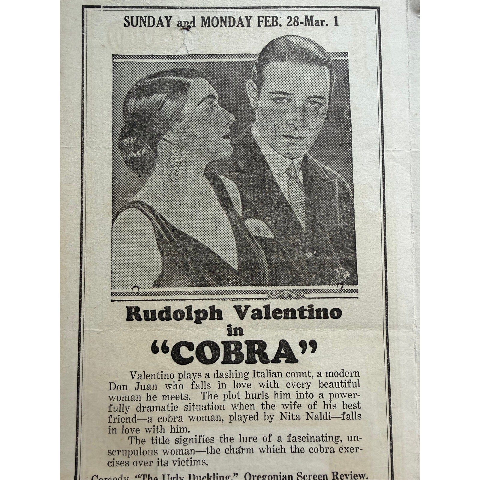 1925 Movie Program Rudolph Valentino Cobra, Circle Theater, Lon Chaney, Swanson, Sheik, Blood and Sand, Eagle Sainted Devil Beyond the Rocks