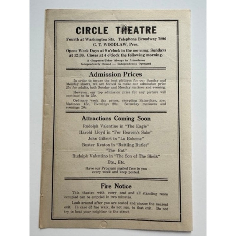 1925 Movie Program Rudolph Valentino The Eagle, Circle Theater, Lloyd, Keaton, The Sheik, Blood and Sand, Beyond the Rocks, Sainted Devil