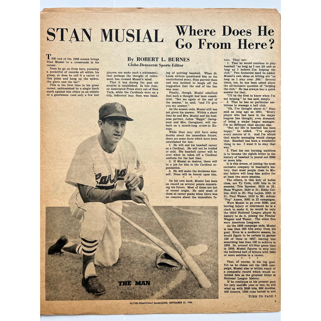 RARE St. Louis Globe-Democrat Magazine 1956 Stan Musial St. Louis Cardinals, Stan the Man, HOF, MLB, Baseball