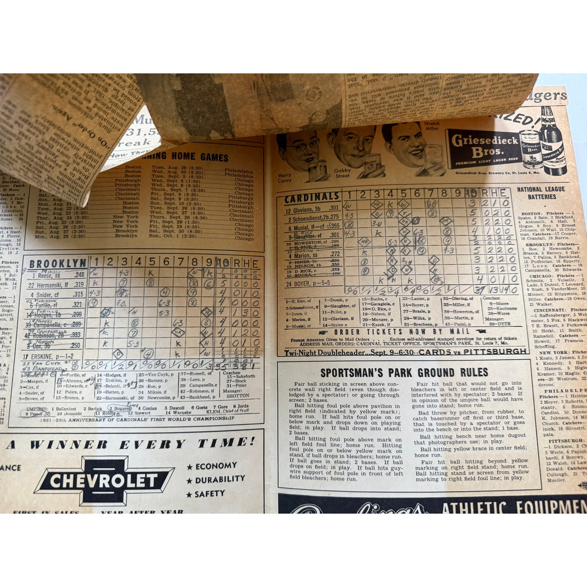 1950 St. Louis Cardinals Score Card Brooklyn Dodgers, Jackie Robinson, Stan Musial, Sportsman's Park, Roy Campanella