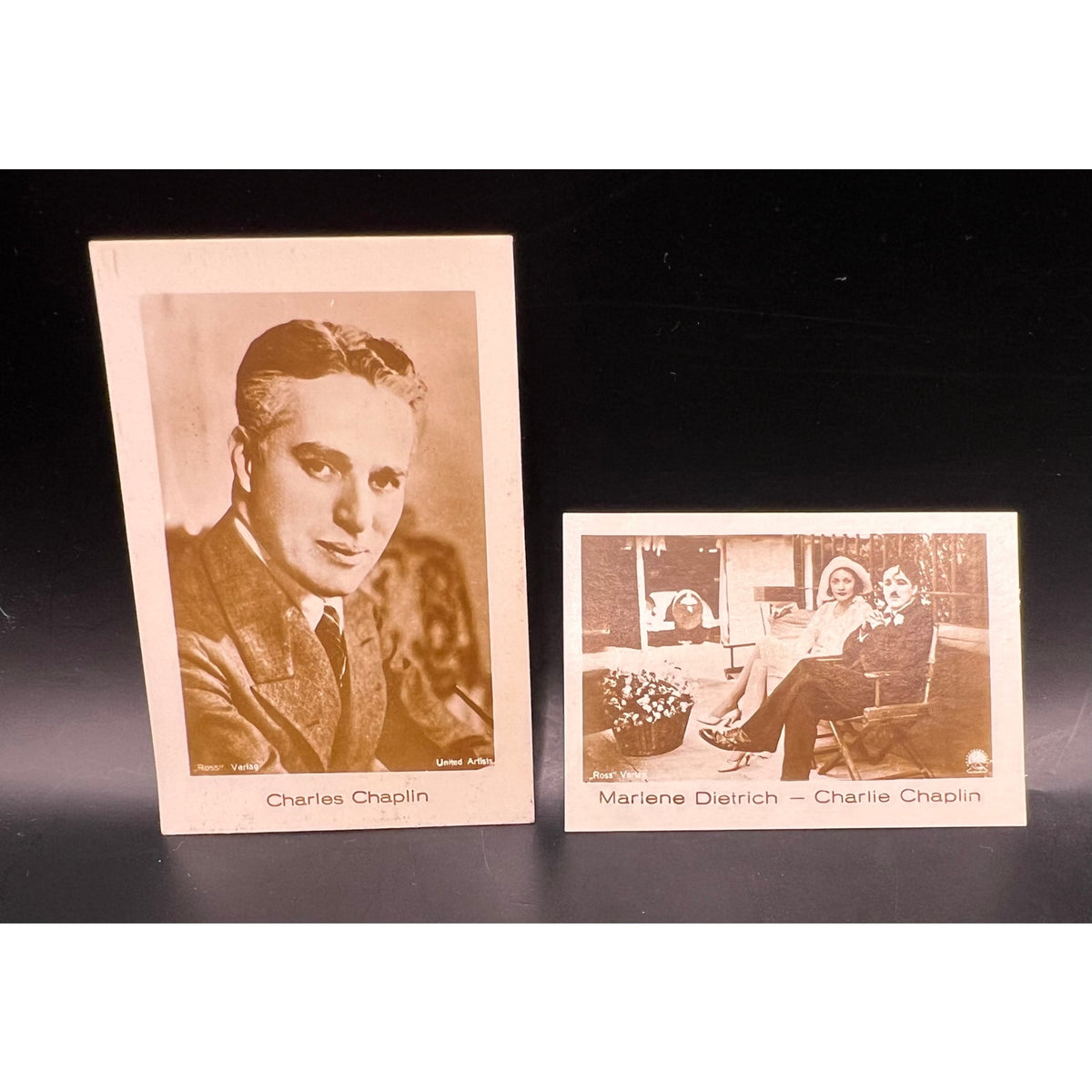 2 1930s Charlie Chaplin Cards Mercedes, Hansom Jasmatzi Modern Times, Charles Chaplin, Marlene Dietrich
