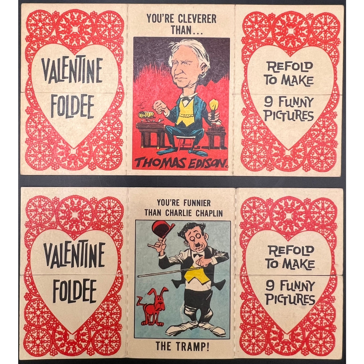Two 1966 Comic Book Foldees Elvis Presley, Charlie Chaplin, Prince Charles, King Charles, Tarzan, Johnny Weissmuller