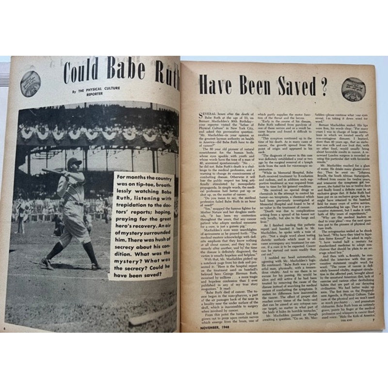 Physical Culture 1948 Babe Ruth Magazine Bambino Sultan of Swat, New York Yankees, Brooklyn Dodgers, Boston Red Sox, Baseball, MLB