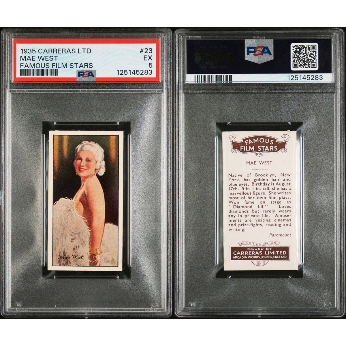 1935 Carreras LTD. Mae West PSA 5 Famous Film Stars Only 12 Graded My Little Chickadee, I'm No Angel, Belle of the Nineties, Klondike Annie