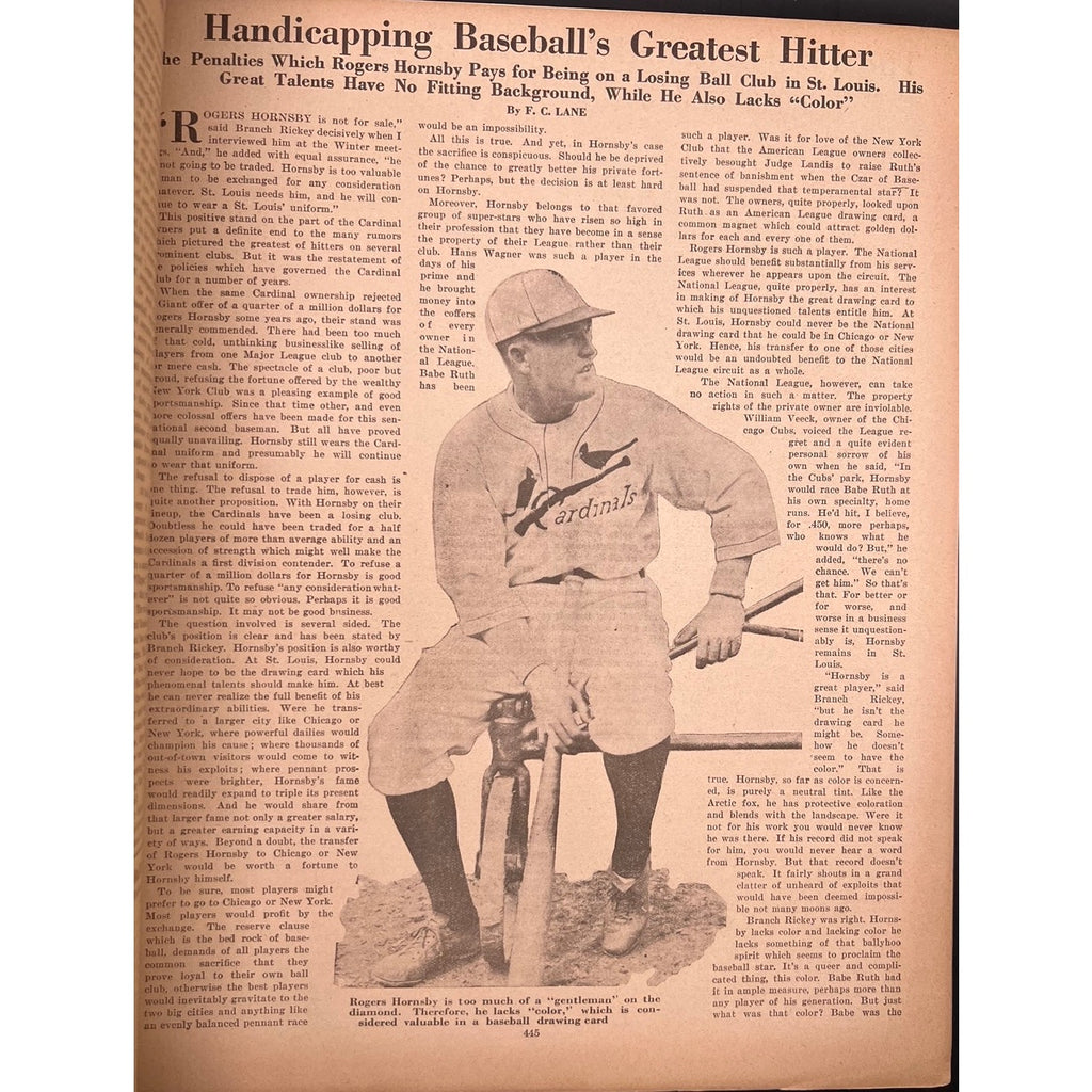 RARE 1925 Baseball Magazine Rogers Hornsby St. Louis Cardinals The Rajah, New York Giants, Chicago Cubs, St Louis Browns