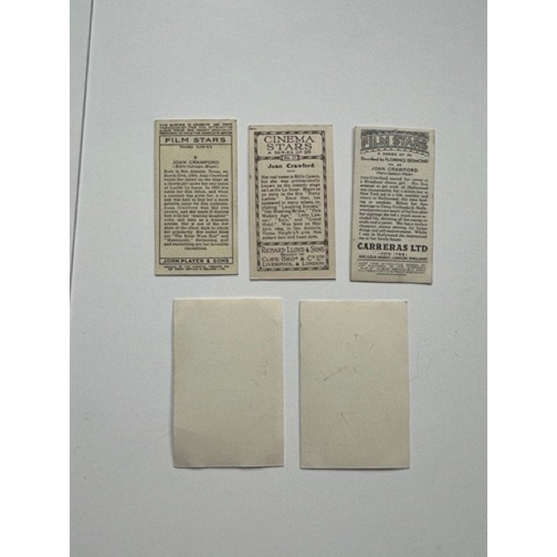 5 RARE 1930s Joan Crawford Tobacco Cards Ross, Carreras, Hollywood, Grand Hotel, Sadie McKee, Today We Live, Night Gallery