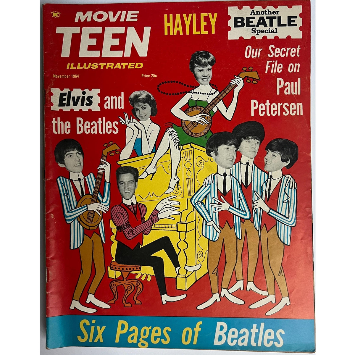 Rare, Original November 1964 Movie Teen Illustratrated Elvis Presley and The Beatles Cover, TCB, McCartney, Lennon, Harrison, Starr, Rock