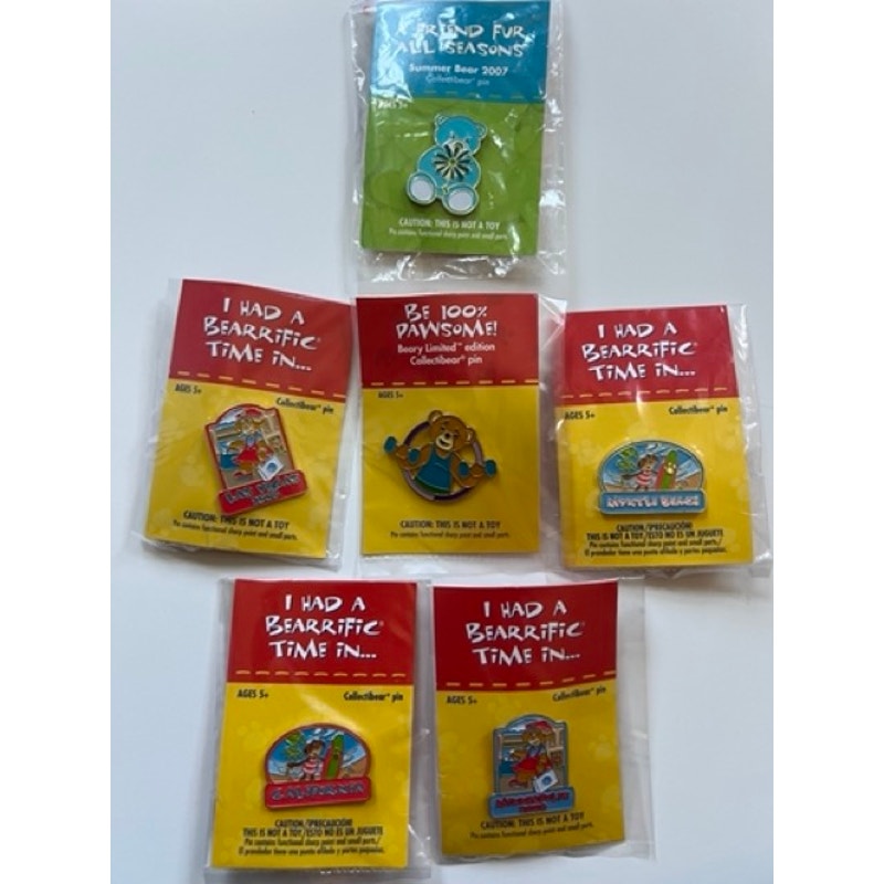 Six Unopened BAB Pins Build a Bear Pins Las Vegas, California, Myrtle Beach, Minnesota, Summer Bear, Build a Bear Workshop