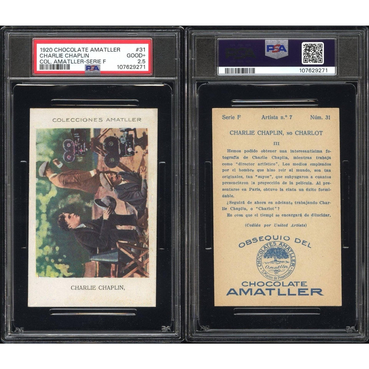 Crazy Rare 1920’s Chocolate Amatller Charlie Chaplin PSA 2.5 Only 2 Graded Modern Times Hollywood Silent Movie Gold Rush Charles Chaplin