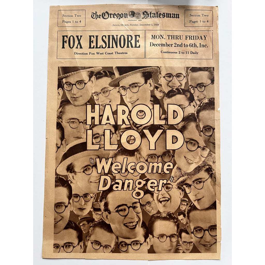 Large RARE 1929 Harold Lloyd Welcome Danger Newspaper Supplement, Safety Last, Freshman, Speedy, Girl Shy, Why Worry, Silent Movie