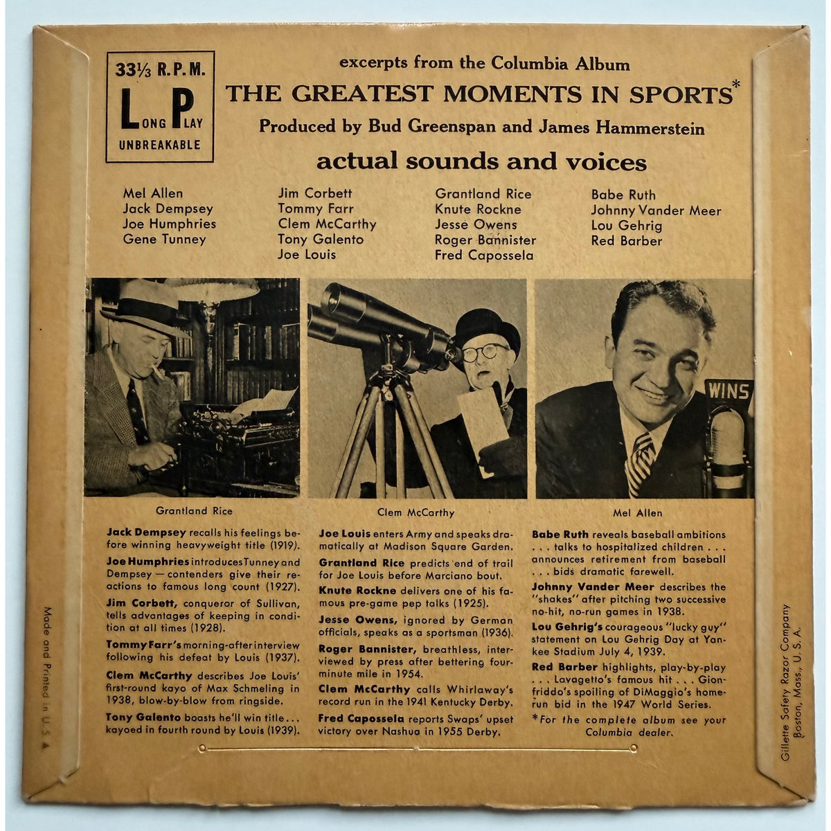 1955 Greatest Moments in Sports Record Babe Ruth, Lou Gehrig, Jack Dempsey, Knute Rockne, Jesse Owens, Joe Louis