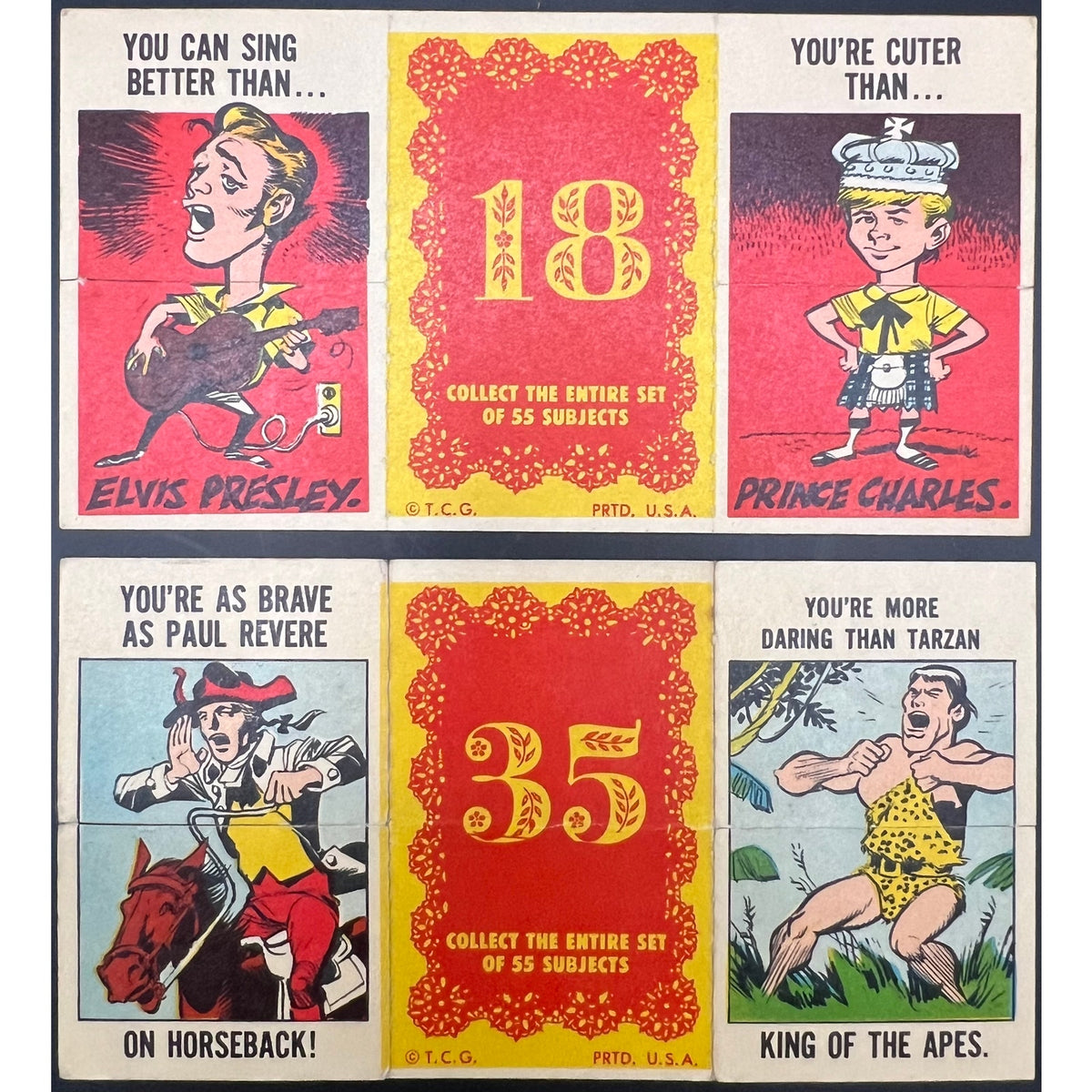 Two 1966 Comic Book Foldees Elvis Presley, Charlie Chaplin, Prince Charles, King Charles, Tarzan, Johnny Weissmuller