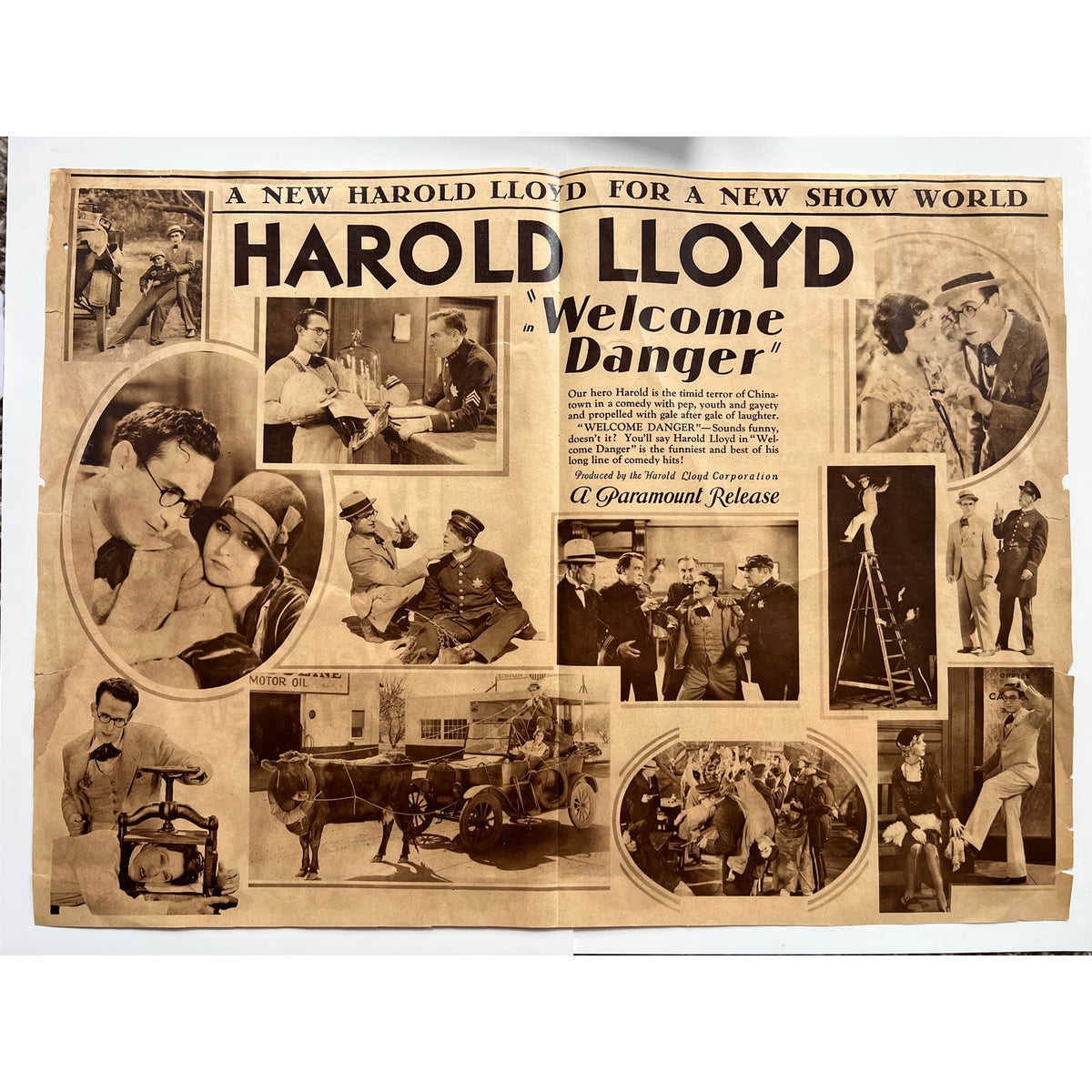 Large RARE 1929 Harold Lloyd Welcome Danger Newspaper Supplement, Safety Last, Freshman, Speedy, Girl Shy, Why Worry, Silent Movie